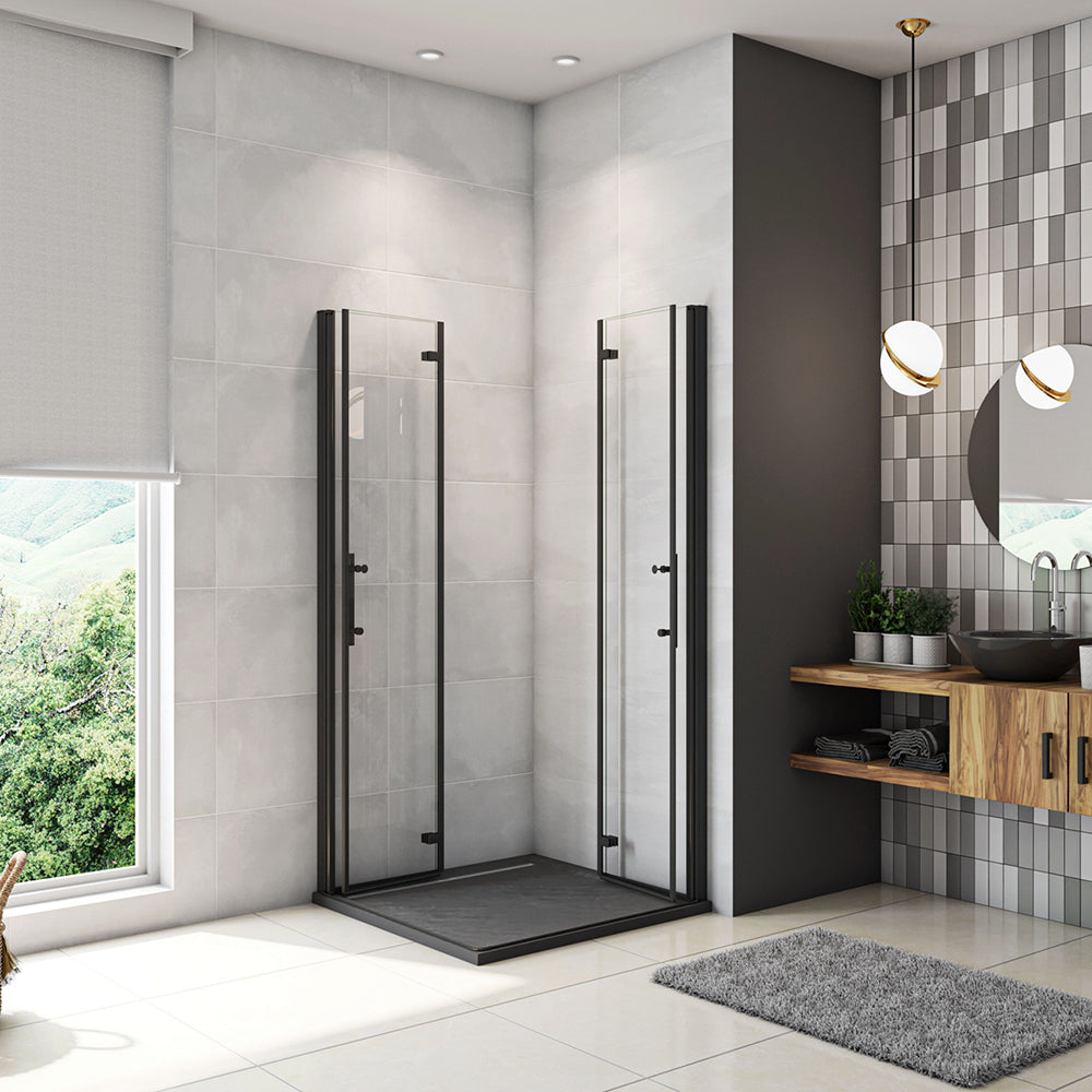 Box Doccia Angolare Porte Battente e Pieghevoli Vetro 5mm Temperato Trasparente Anticalcare Profilo Nero Opaco Piatto Doccia incluso 80x80x190