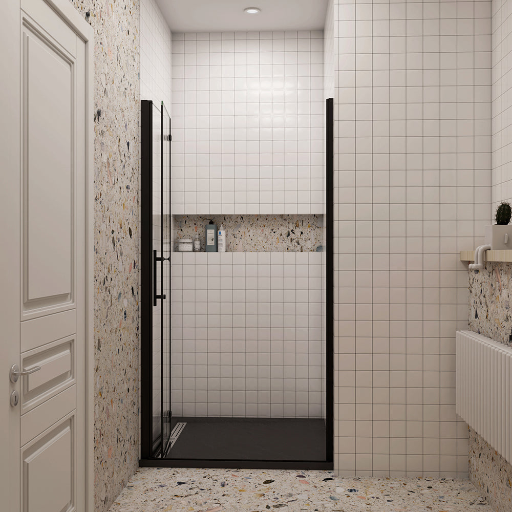 Porta Doccia per Nicchia Battente Pieghevole in Vetro Temperato Trasparente 5mm Anticalcare Telaio Nero Opaco Piatto Doccia incluso