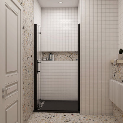 Porta Doccia per Nicchia Battente Pieghevole in Vetro Temperato Trasparente 5mm Anticalcare Telaio Nero Opaco Piatto Doccia incluso