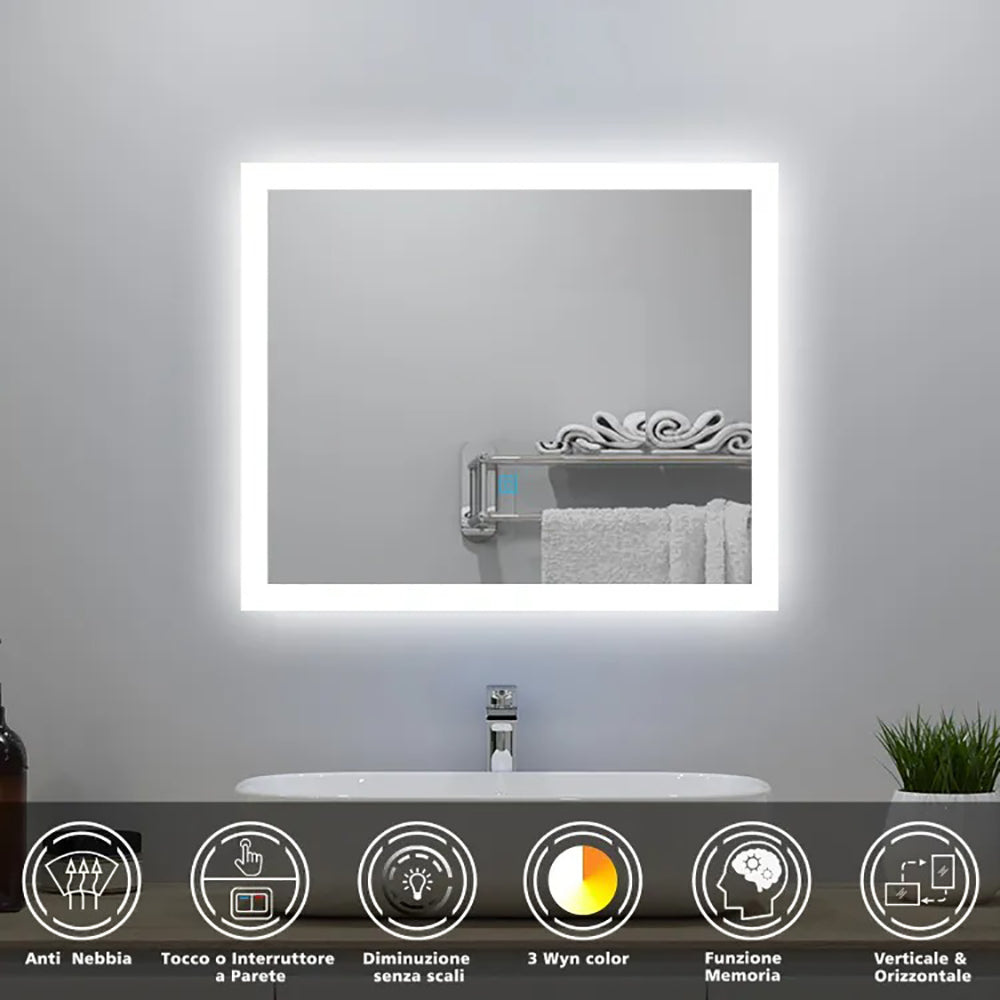 Aica LED Specchio da bagno 60×50 cm, luminosità regolabile a 3 colori, antiappannamento, memoria di interruzione di corrente