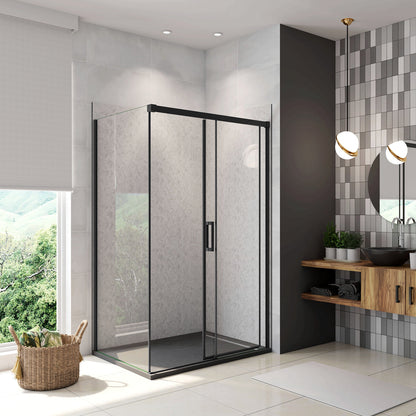 195cm Box Doccia Angolare Porta Scorrevole con Parete Fissa Vetro 8mm Temperato Anticalcare Trasparente Profilo Nero Opaco Softclose