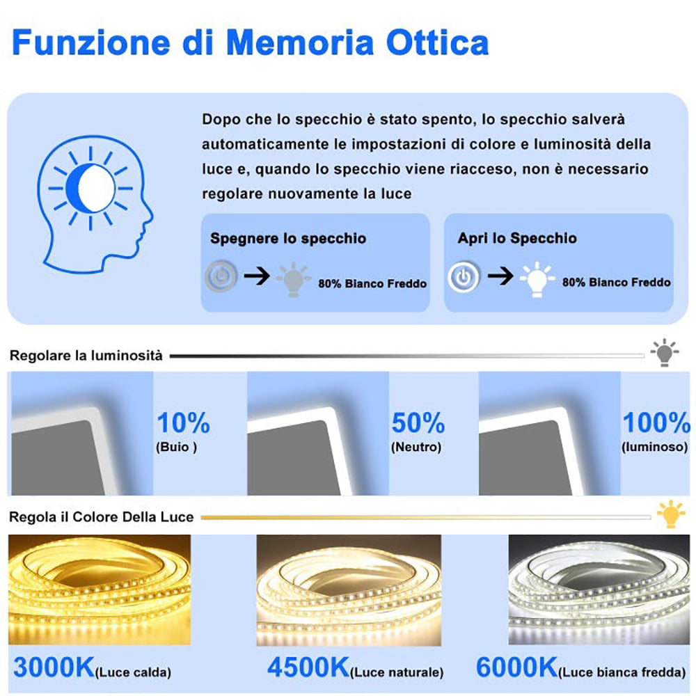 Aica LED Specchio da bagno 50×70 cm, luminosità regolabile a 3 colori, antiappannamento, memoria di interruzione di corrente