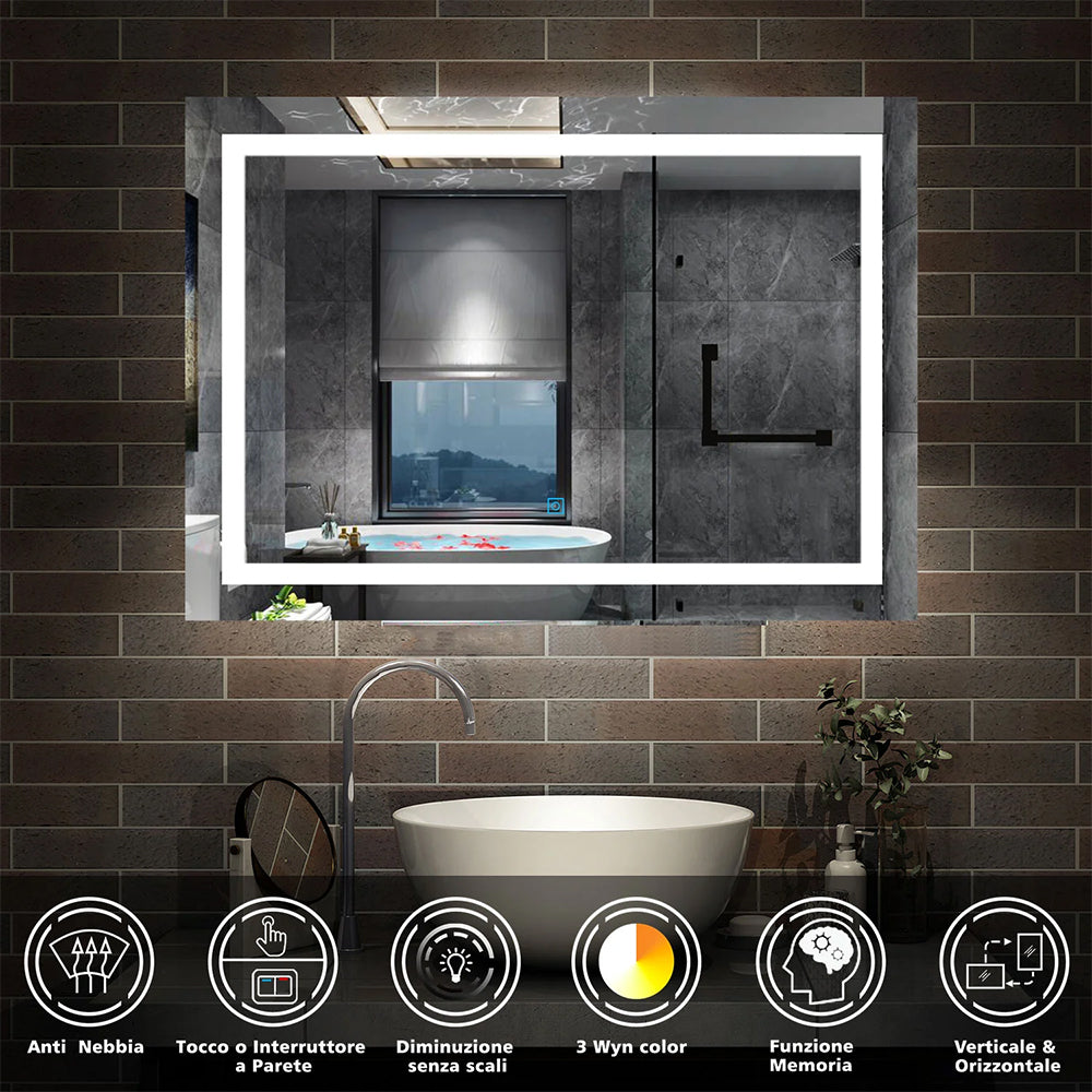 AICA Specchio Da Bagno Rettangolare Da 150x80cm con LED, Antiappannamento, 3 Temperature Colore