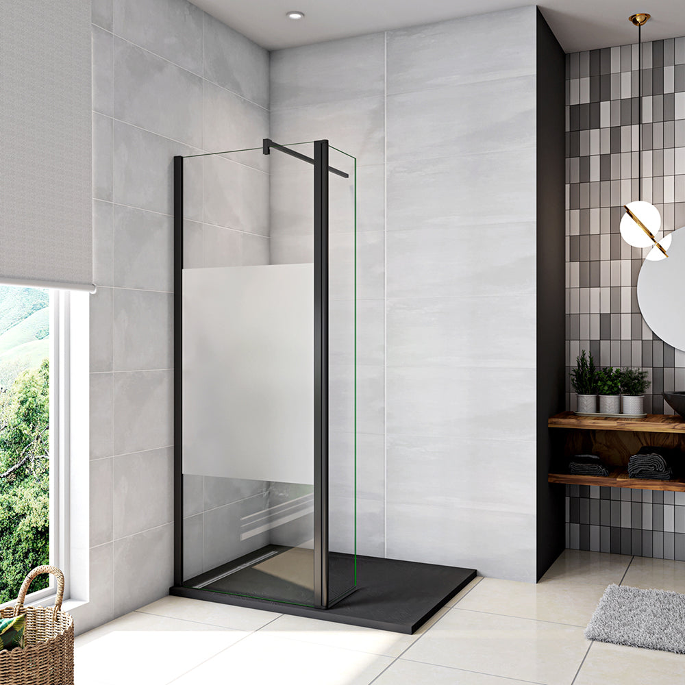 Walk in Doccia Due Pareti Vetro 8mm Temperato Anticalcare Antifrantumi Fascia Opaca Barra Stabilizzatrice 90cm Nera Opaca