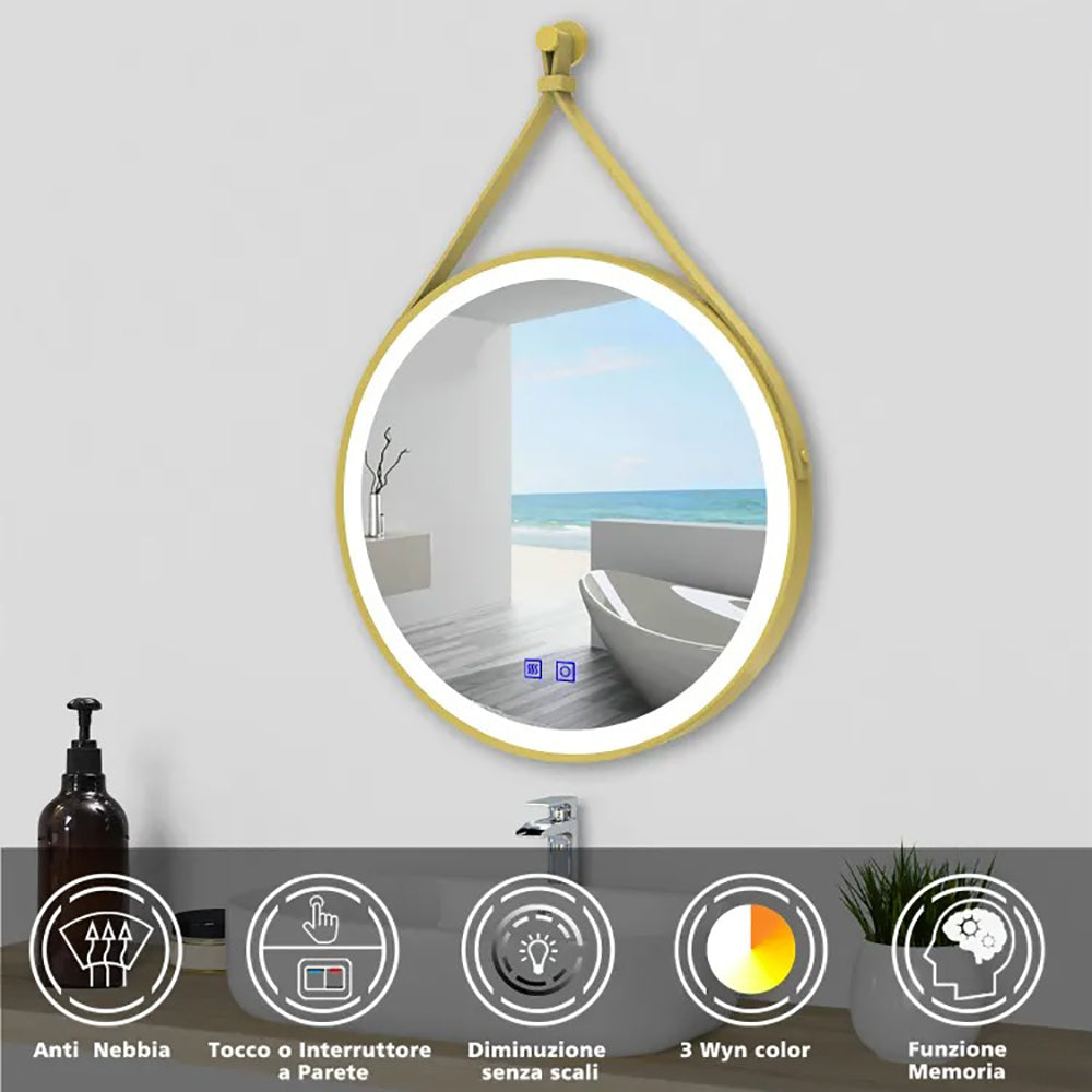 AICA Specchio da bagno rotondo con LED con antiappannamento, 3 temperature di colore e memoria per interruzione di corrente
