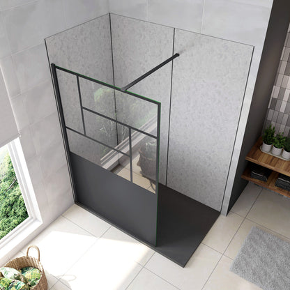 Doccia Walk In Parete Fissa Vetro Temperato 8mm Anticalcare 90-120 x200cm Semitrasparente Riquadri Nero Serigrafato con Barra stabilizzatrice da 90cm