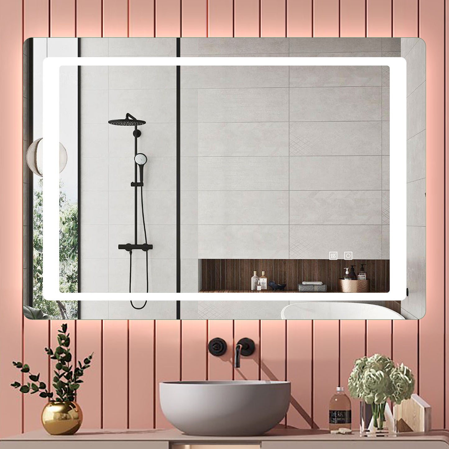 Aica 90×65cm Specchio da Bagno LED Quadrato, Anti Nebbia, Doppio Controllo Intelligente 90x65