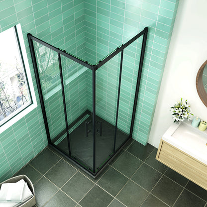 Box Doccia Angolare Porte Scorrevoli Vetro 6mm Temperato Trasparente Anticalcare Profilo Nero Opaco Piatto Doccia incluso