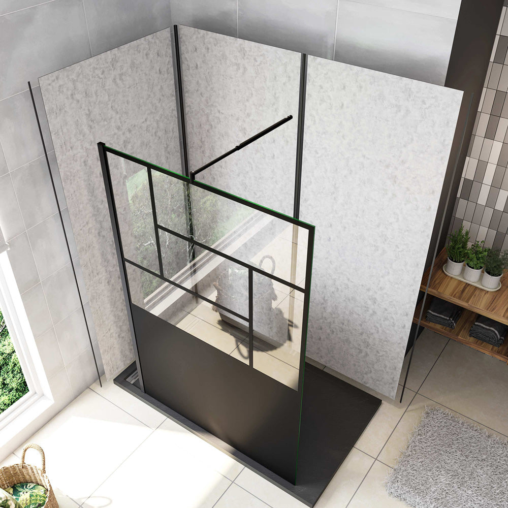 Doccia Walk In Parete Fissa Vetro Temperato 8mm Anticalcare 90-120 x200cm Semitrasparente Riquadri Nero Serigrafato Barra stabilizzatrice da 70-120cm circolare