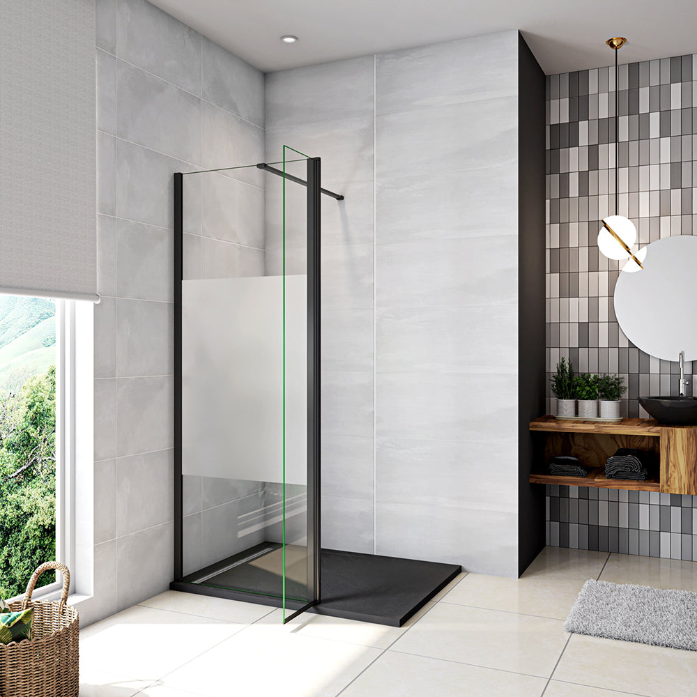 Walk in Doccia Due Pareti Vetro 8mm Temperato Anticalcare Antifrantumi Fascia Opaca Barra Stabilizzatrice 90cm Nera Opaca