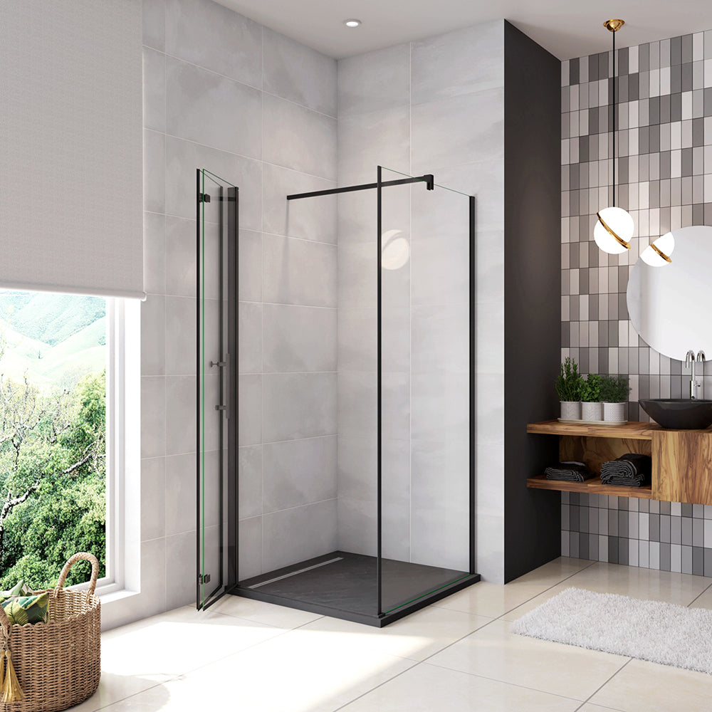 190cm Box Doccia Angolare Porta Battente Pieghevole con Parete Fissa in Vetro Temperato 5 mm Anticalcare Barra da 90 cm Nera Opaca Piatto Doccia incluso