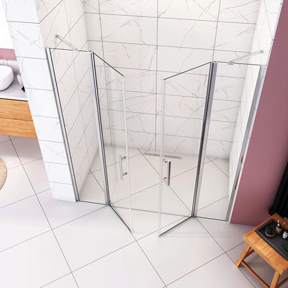 Aica Box Doccia per Nicchia 195 cm Doppia Porta Battente Saloon 2 Pannelli Fissi con Barra Stabilizzatrice Vetro Temperato 6 mm Anticalcare