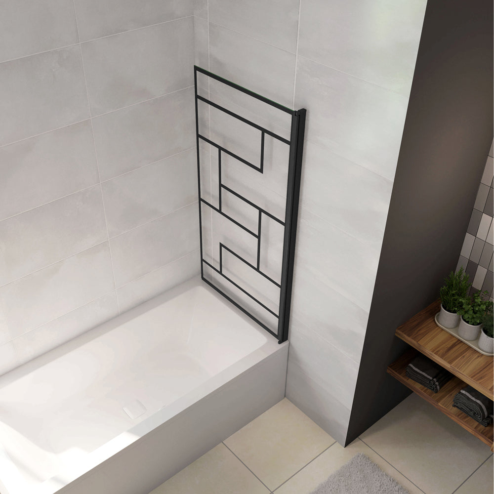 80x140cm Parete Vasca Doccia Sopravasca Singolo Pannello Girevole in Vetro Temperato 6mm Trasparente con Riquadri Neri