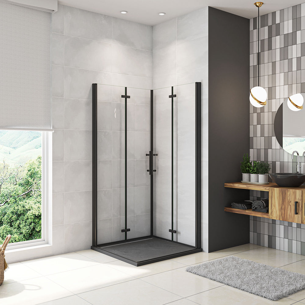 Box Doccia Angolare Porte Battente e Pieghevoli Vetro 5mm Temperato Trasparente Anticalcare Profilo Nero Opaco Piatto Doccia incluso 90x90x190