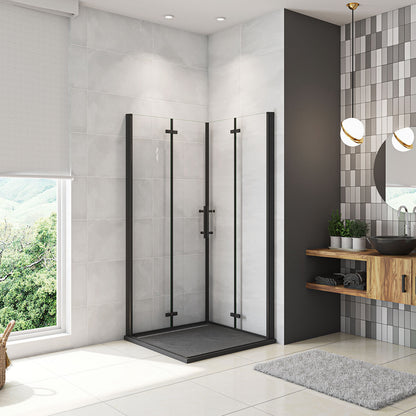 Box Doccia Angolare Porte Battente e Pieghevoli Vetro 5mm Temperato Trasparente Anticalcare Profilo Nero Opaco Piatto Doccia incluso 90x90x190