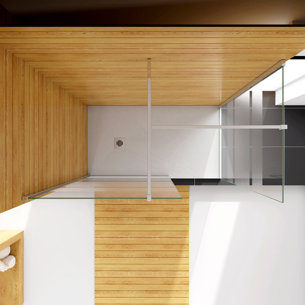 Box Doccia Angolare da Doppio Walk In in Vetro Temperato 6mm Anticalcare Multi Fasce Satinate 2 Barre Stabilizzatrici da 140cm Cromo Lucido