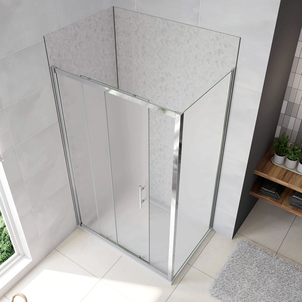 Box Doccia Angolare Porta Scorrevole con Parete Fissa Vetro Temperato 5mm Satinato Opaco H.185cm