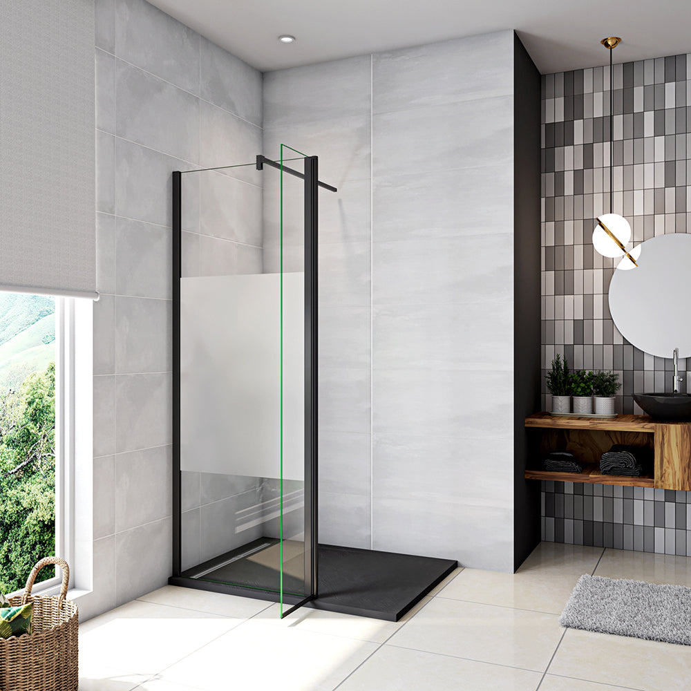 Walk in Doccia Due Pareti Vetro 8mm Temperato Anticalcare Antifrantumi Fascia Opaca Barra Stabilizzatrice 90cm Nera Opaca
