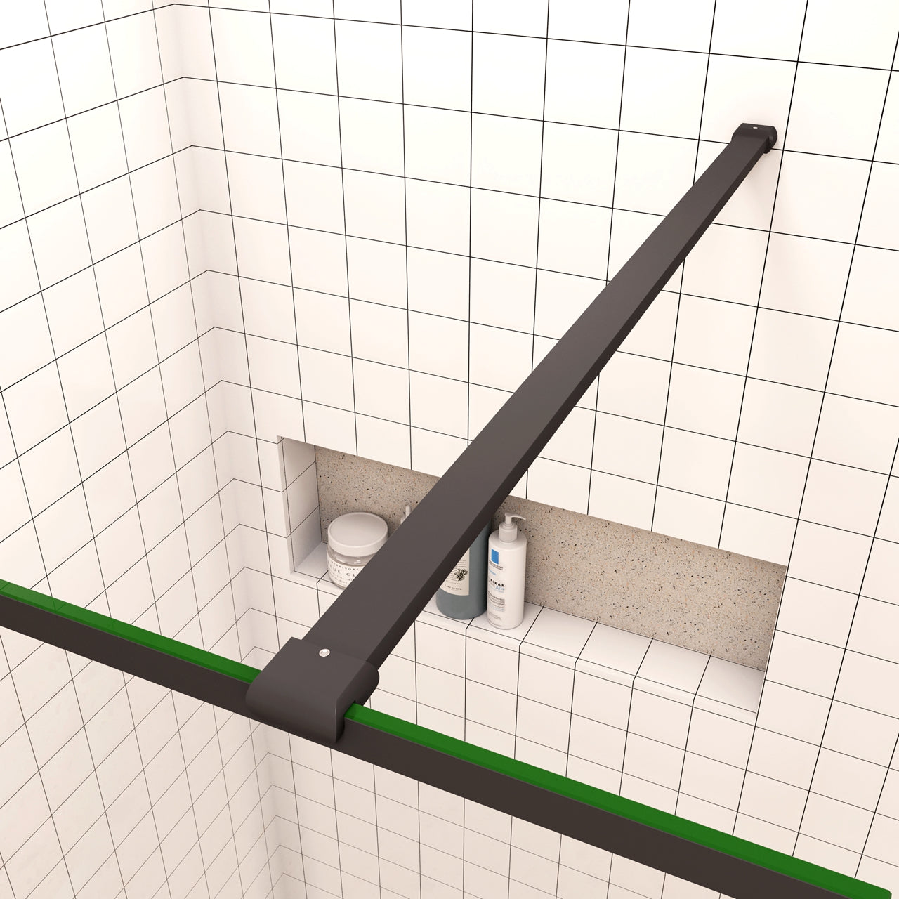 Walk In Parete Per Doccia Vetro Temperato 8mm Anticalcare 70-120 x 200cm con Bordo Nero Serigrafato Barra Stabilizzatrice da 90cm