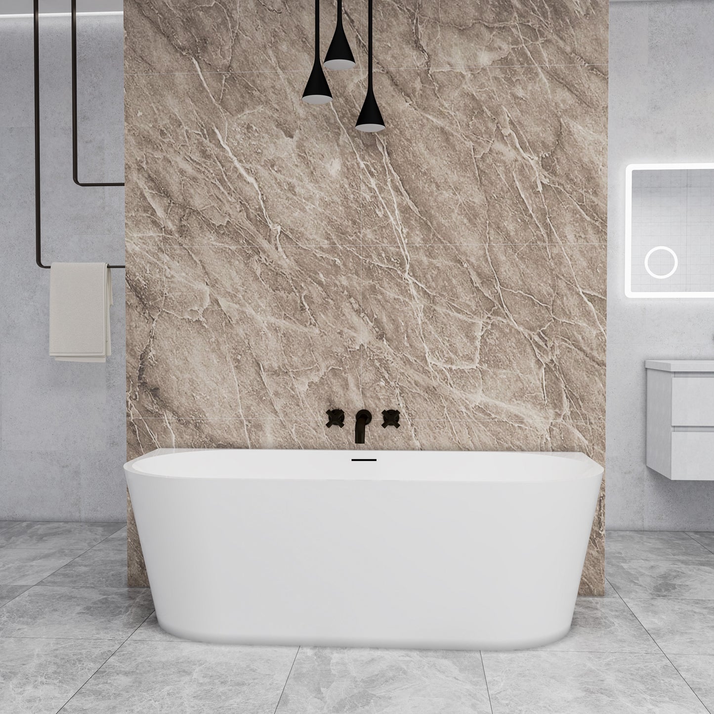 Vasca da bagno semi-freestanding ovale in acrilico bianco, dimensione 150x75x58 cm /170x80x60 cm , posizionabile a isola o a parete.