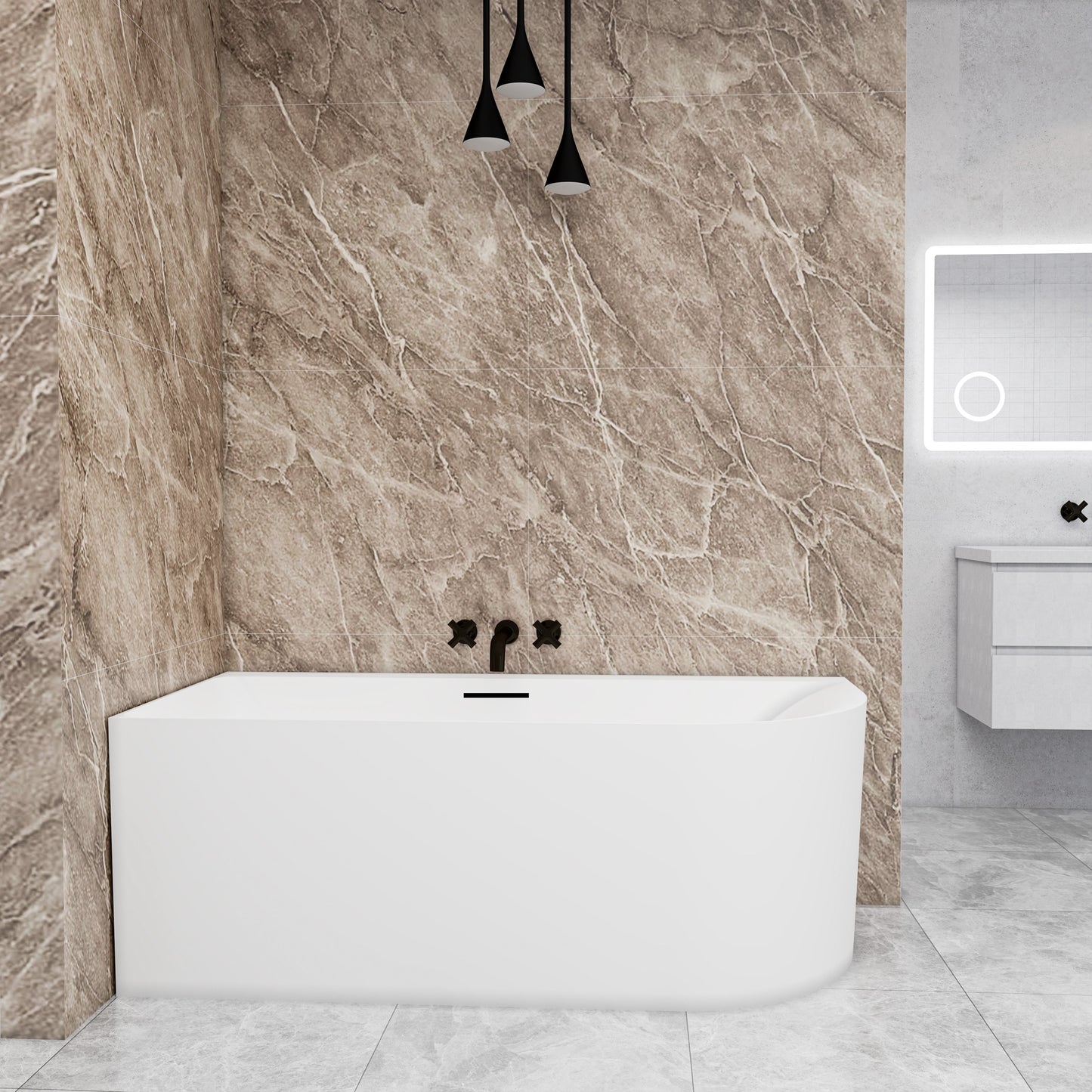 Vasca a Isola Angolare Asimmetrica SINISTRA/DESTRO 165x75x60 cm /180×80x60 cm Bianco Vasca da Bagno Semi-Freestanding in Acrilico