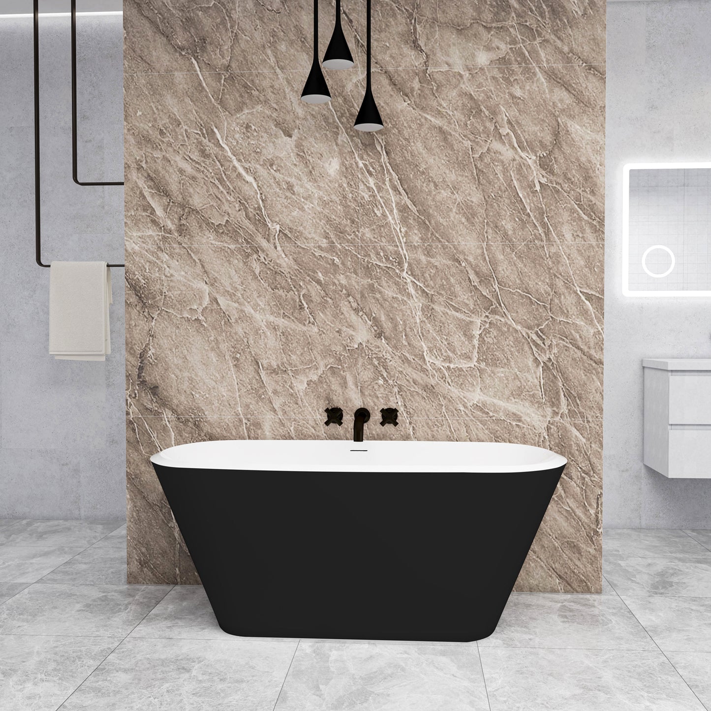 Vasca da Bagno a Isola Freestanding in Acrilico da 150x72x60 /170x78x60cm, Colore Nero, Forma Ovale