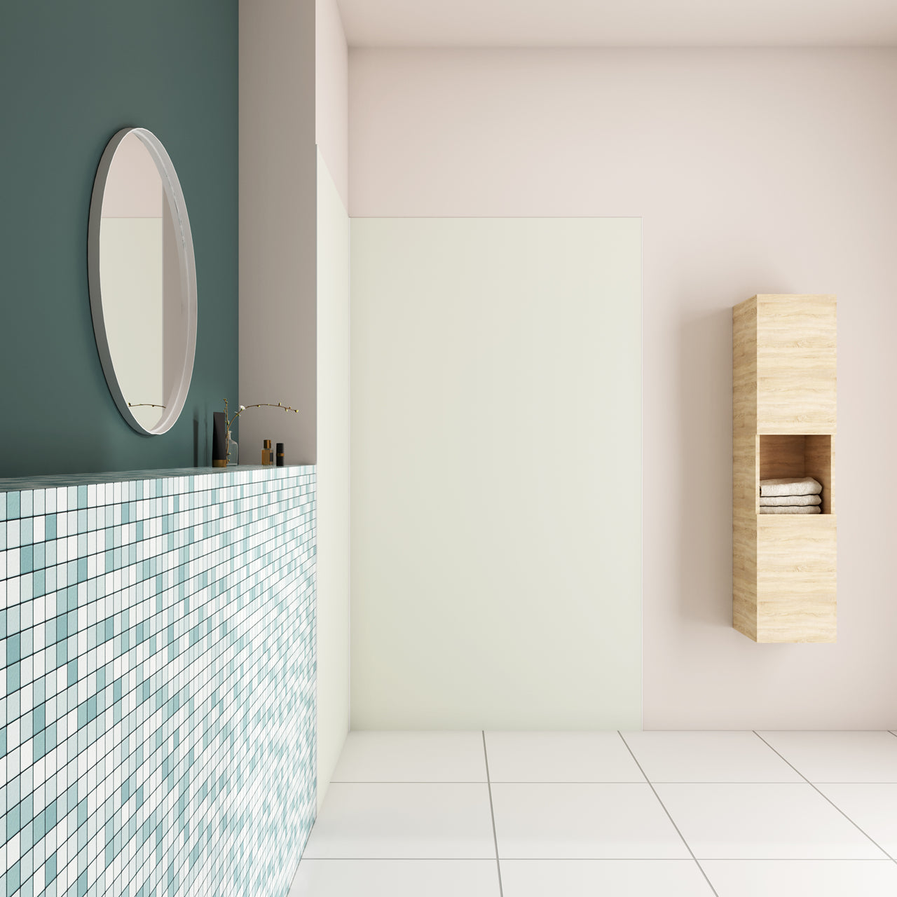H.210 cm Pannello Doccia ad Angolo Realizzato in Alluminio da 3 mm con Profili Finitura Bianco Avorio per Rivestimento Parete Bagno