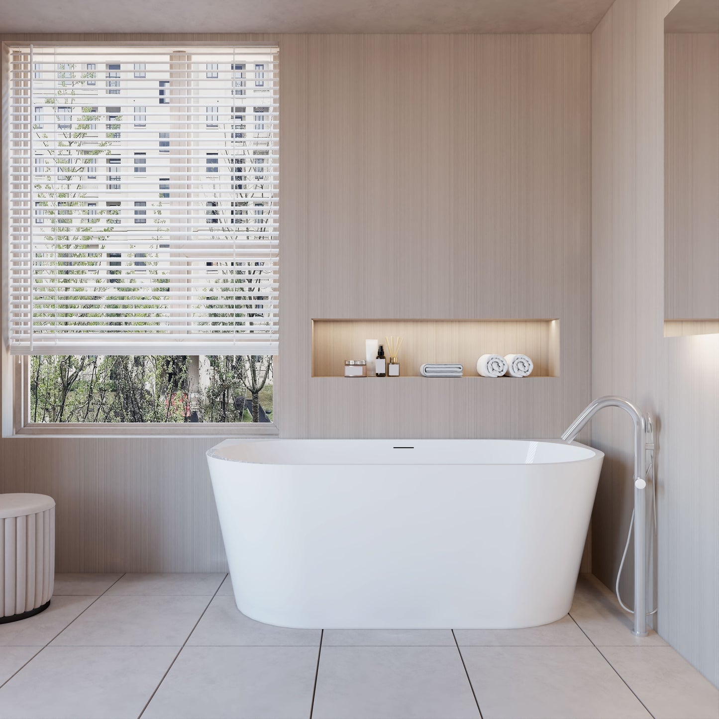 Vasca a Isola o da Parete 150x75x58 cm/170x80x60cm Vasca da Bagno Semi-Freestanding in Acrilico Bianco Ovale