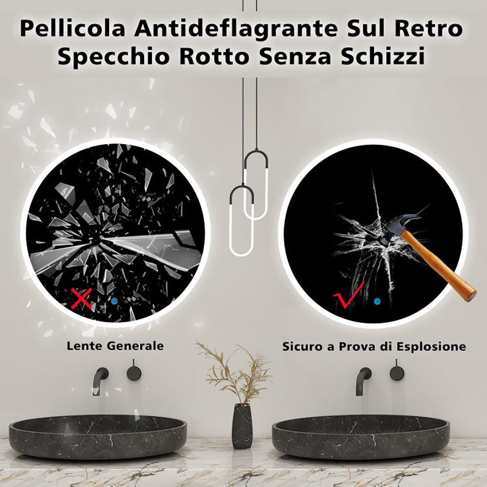 Specchio Da Bagno Rotondo Da 90cm con LED. Antiappannamento. Touch. 3 Temperature Colore