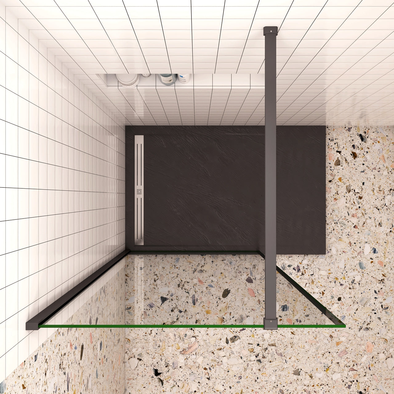 Walk In Parete Per Doccia Vetro Temperato 8mm Anticalcare 70-120 x 200cm con Bordo Nero Serigrafato Barra Stabilizzatrice da 90cm