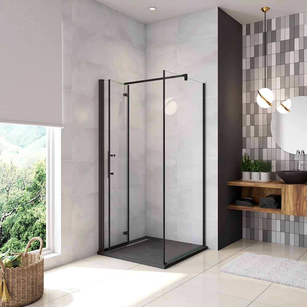 190cm Box Doccia Angolare Porta Battente Pieghevole con Parete Fissa in Vetro Temperato 5mm Anticalcare Barra Stabilizzatrice da 90cm Nera Opaca