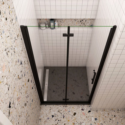 Porta Doccia per Nicchia Battente Pieghevole in Vetro Temperato Trasparente 5mm Anticalcare Telaio Nero Opaco Piatto Doccia incluso