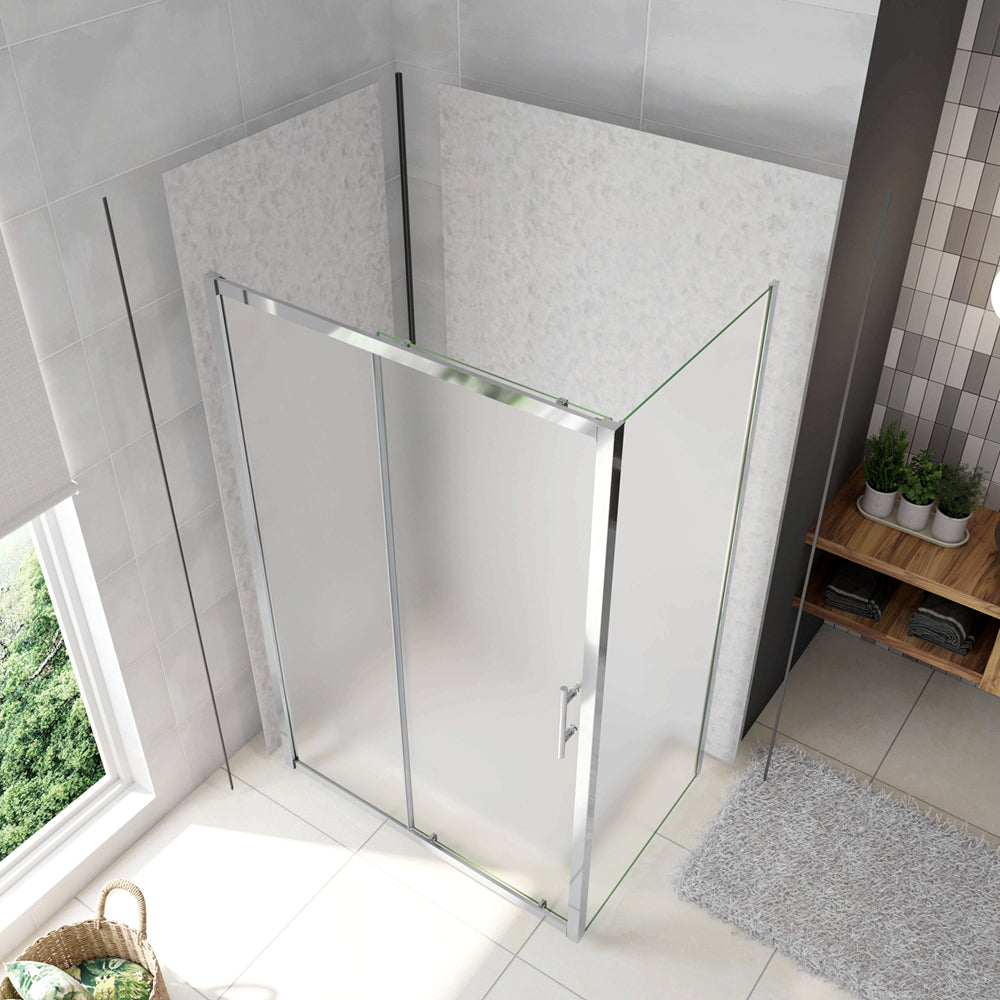 120cm Box Doccia Angolare Porta Scorrevole con Parete Fissa Vetro Temperato 5mm Satinato Opaco H.185cm