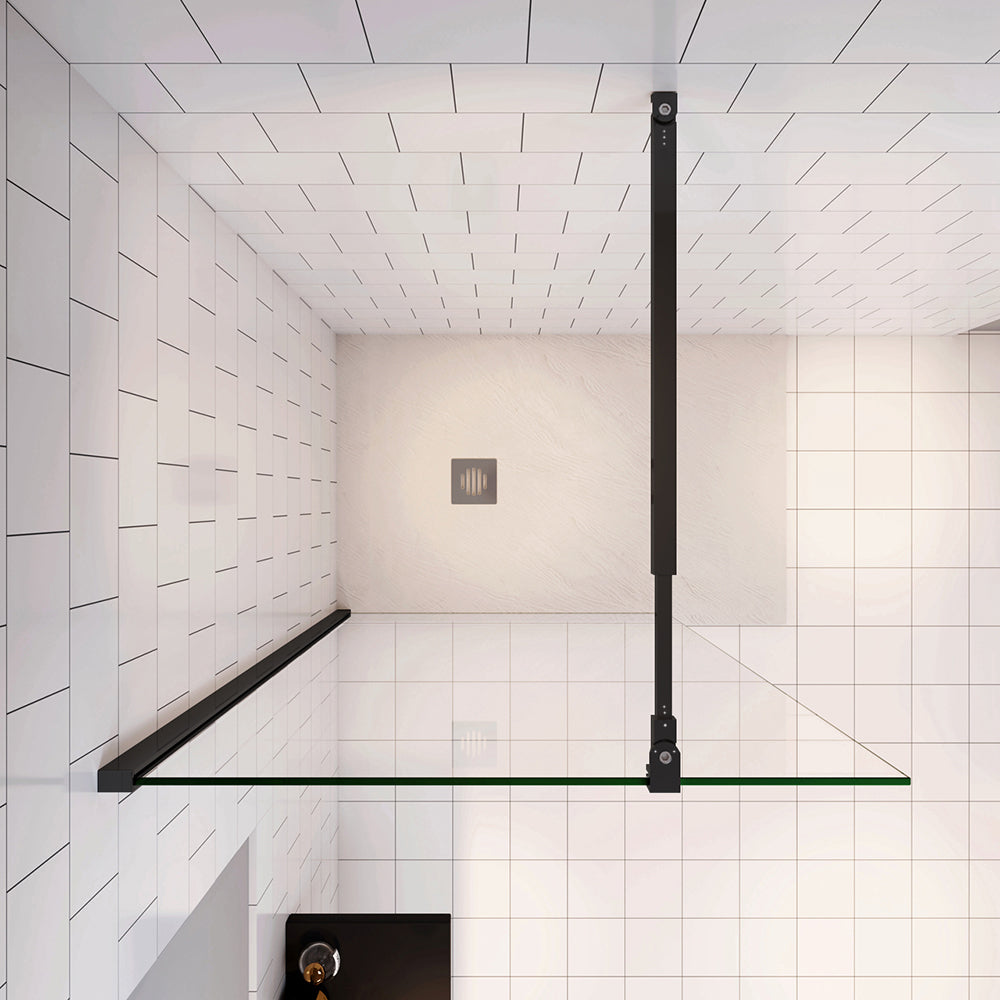 Parete Fissa Doccia Walk In Nero Opaco 190cm Vetro Temperato Trasparente Anticalcare 6mm con Barra Stabilizzatrice