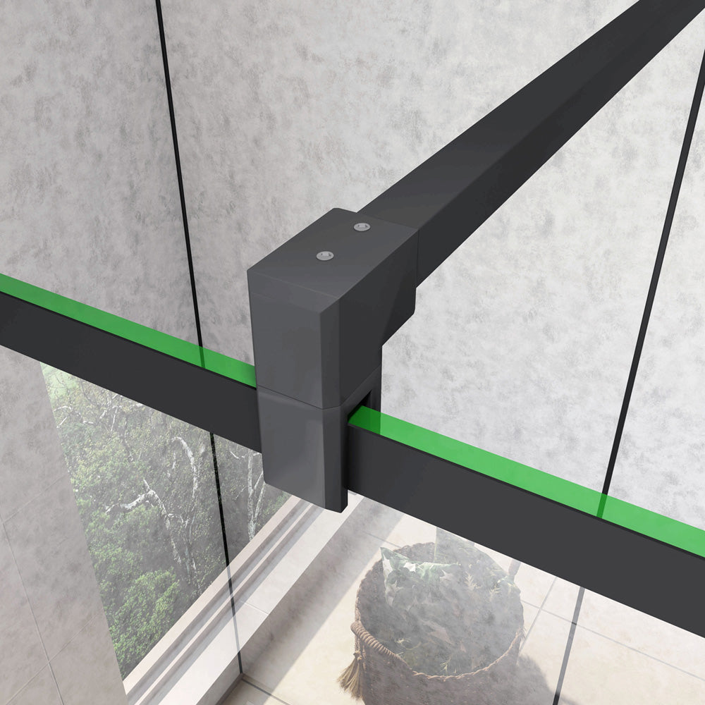 Doccia Walk In Parete Fissa Vetro Temperato 8mm Anticalcare 90-120 x200cm Semitrasparente Riquadri Nero Serigrafato Barra Stabilizzatrice da 140cm Tagliabile