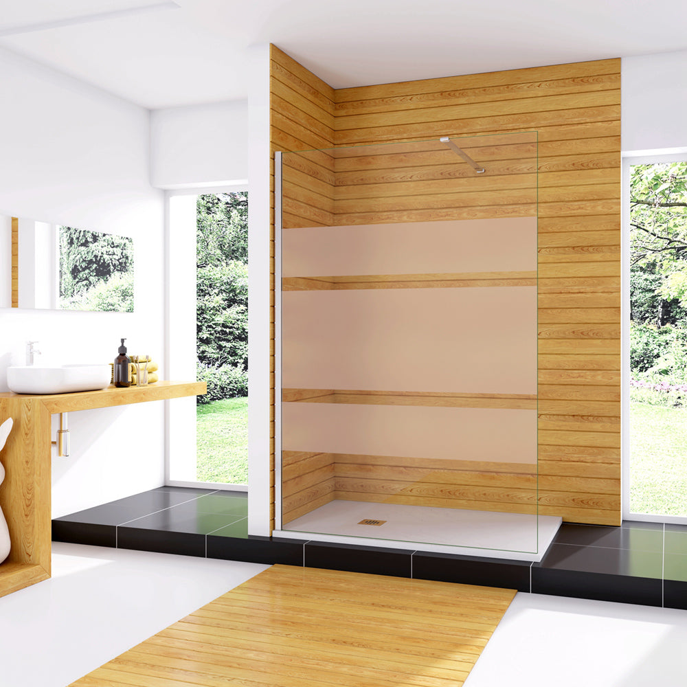 Box Doccia Walk In Parete Fissa in Vetro Temperato 6mm Anticalcare Multi Fasce Satinate Opache con Barra Stabilizzatrice Cromo Lucido