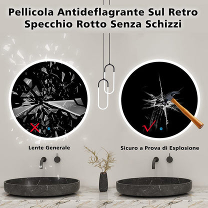 Specchio Da Bagno Rotondo Da 100cm con LED A, Anti Nebbia, Touch, 3 Temperature Colore