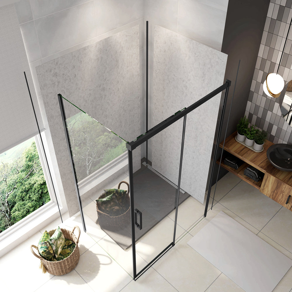 195cm Box Doccia Angolare Porta Scorrevole con Parete Fissa Vetro 8mm Temperato Anticalcare Trasparente Profilo Nero Opaco Softclose