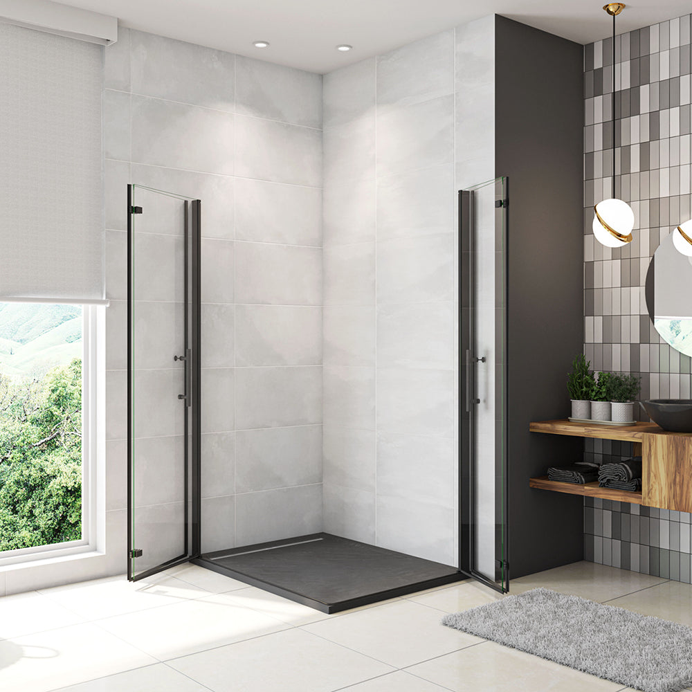 Box Doccia Angolare Porte Battente e Pieghevoli Vetro 5mm Temperato Trasparente Anticalcare Profilo Nero Opaco Piatto Doccia incluso 70x120x190