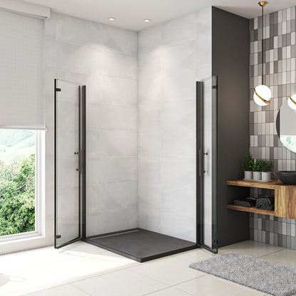 Box Doccia Angolare Porte Battente e Pieghevoli Vetro 5mm Temperato Trasparente Anticalcare Profilo Nero Opaco Piatto Doccia incluso 70x120x190