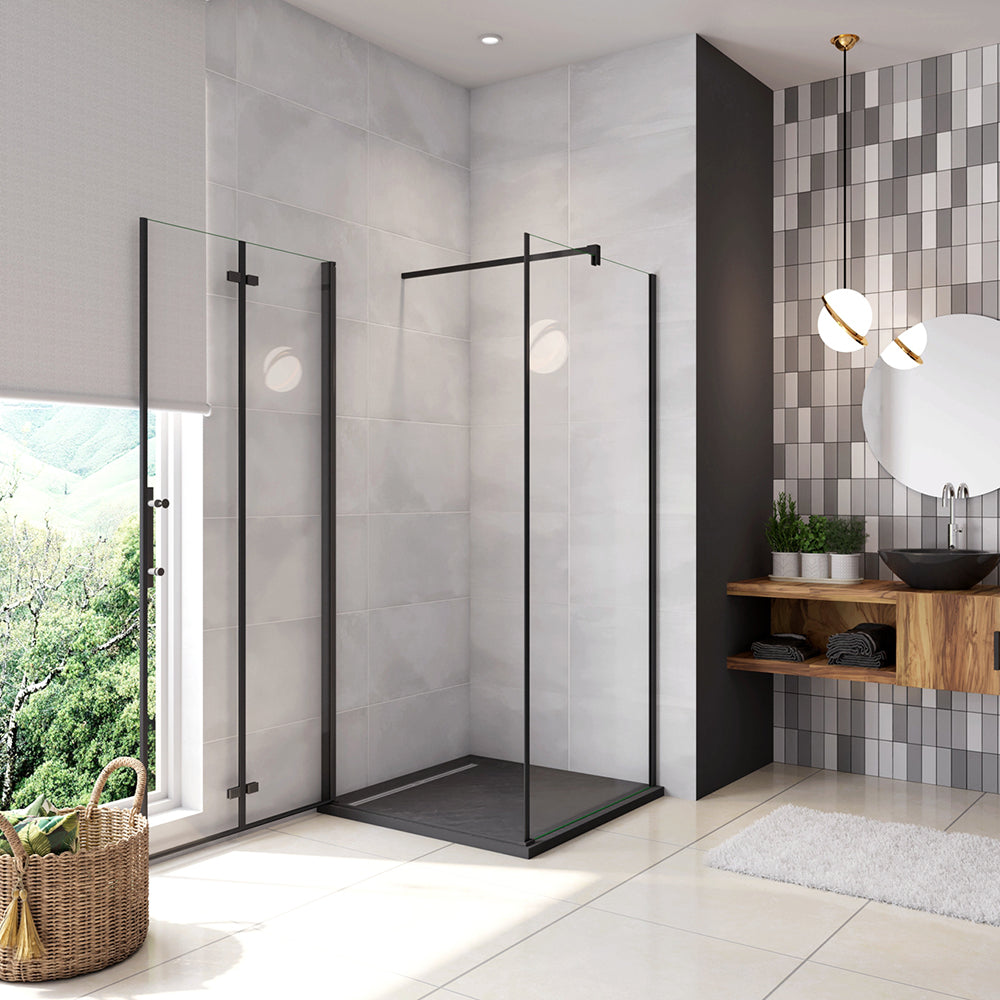 190cm Box Doccia Angolare Porta Battente Pieghevole con Parete Fissa in Vetro Temperato 5 mm Anticalcare Barra da 90 cm Nera Opaca Piatto Doccia incluso