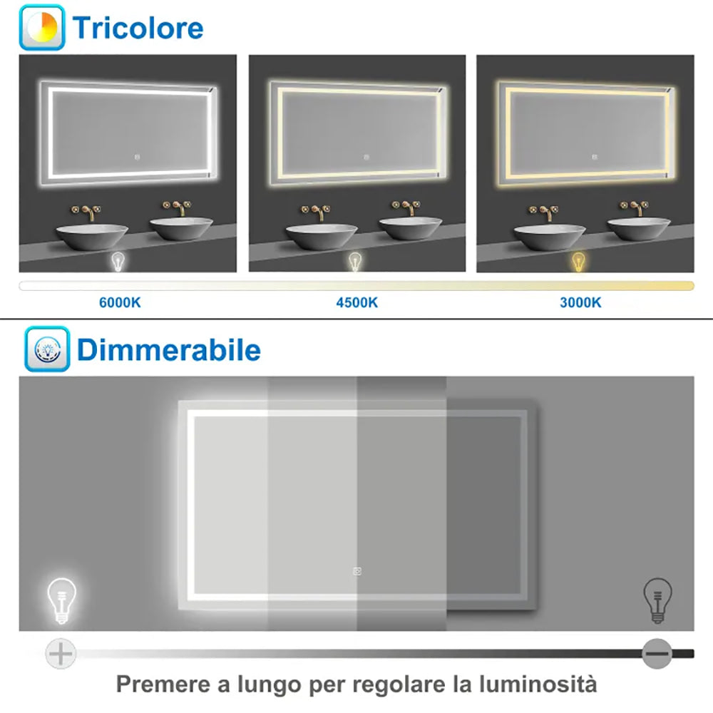 AICA Specchio Da Bagno Rettangolare Da 150x80cm con LED, Antiappannamento, 3 Temperature Colore