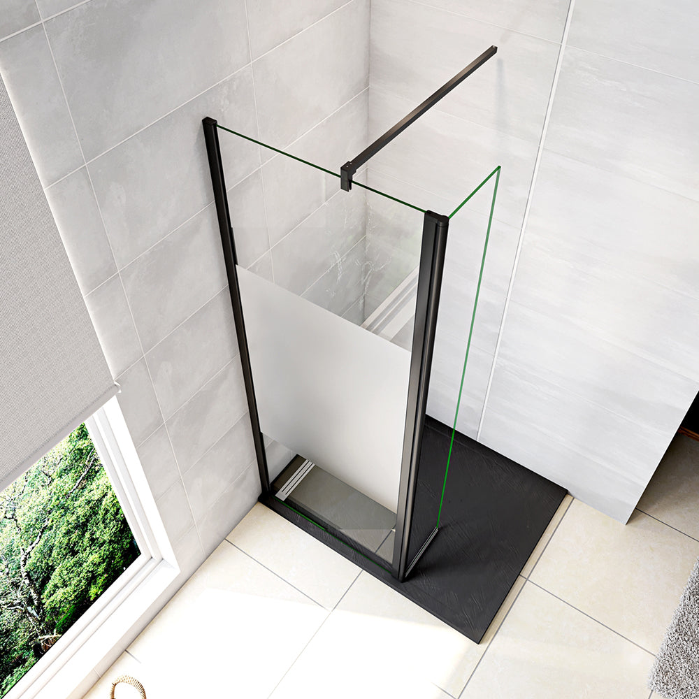 Walk in Doccia Due Pareti Vetro 8mm Temperato Anticalcare Antifrantumi Fascia Opaca Barra Stabilizzatrice 90cm Nera Opaca Tipo B - Lunghezza 90cm, Adatta per il vetro in spessore 6-10mm