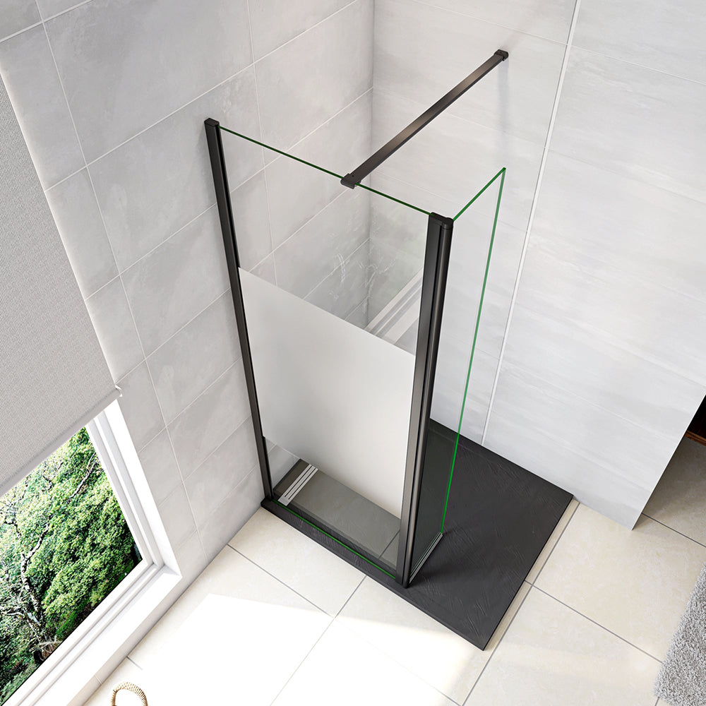 Walk in Doccia Due Pareti Vetro 8mm Temperato Anticalcare Antifrantumi Fascia Opaca Barra Stabilizzatrice 90cm Nera Opaca Tipo A - Lunghezza 90cm, Adatta per il vetro in spessore 6-8mm