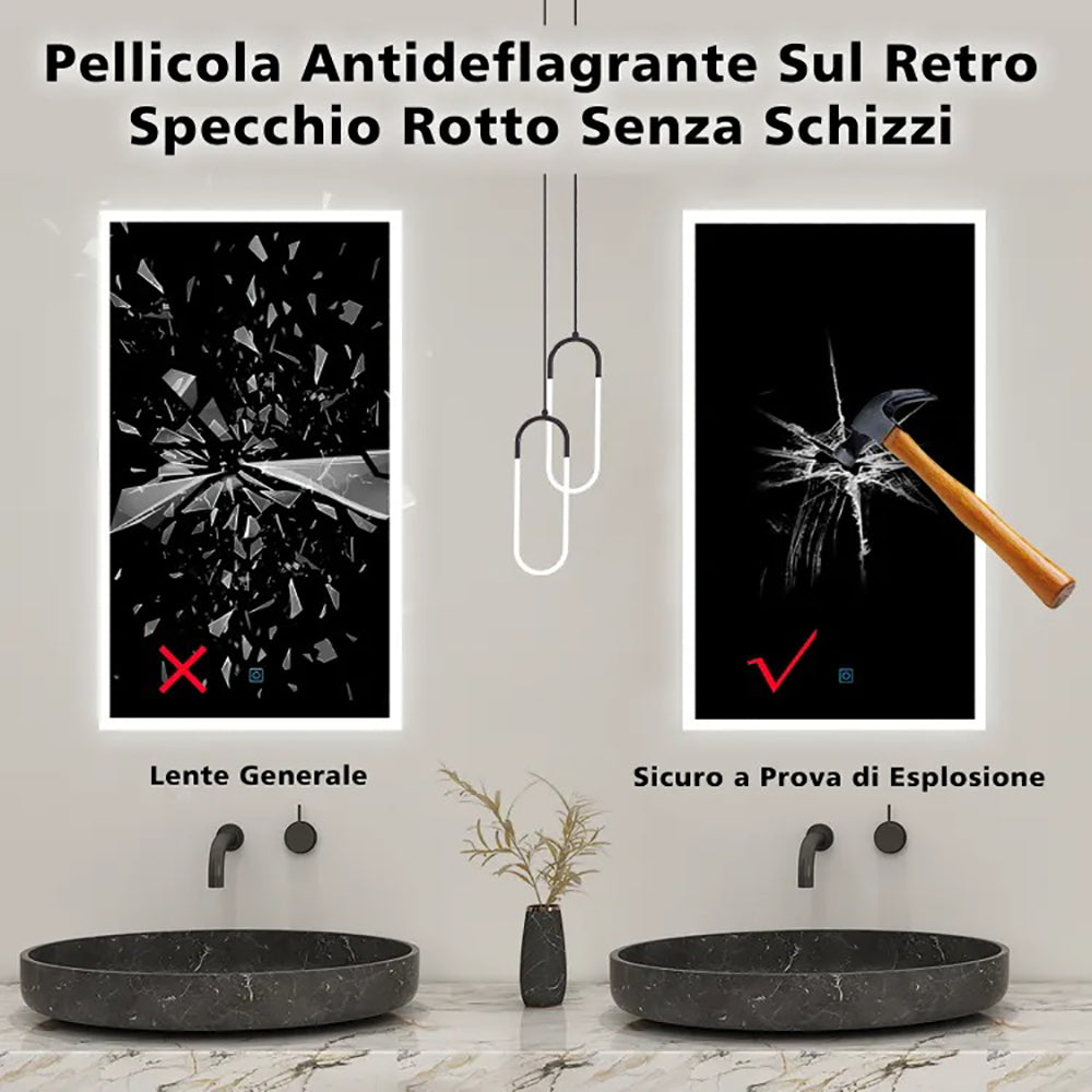 Aica LED Specchio da bagno 50×70 cm, luminosità regolabile a 3 colori, antiappannamento, memoria di interruzione di corrente