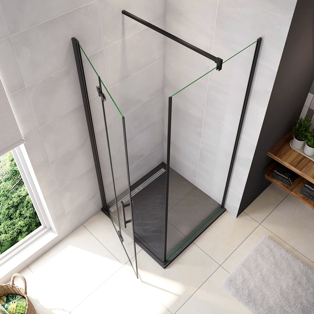 190cm Box Doccia Angolare Porta Battente Pieghevole con Parete Fissa in Vetro Temperato 5 mm Anticalcare Barra da 90 cm Nera Opaca Piatto Doccia incluso
