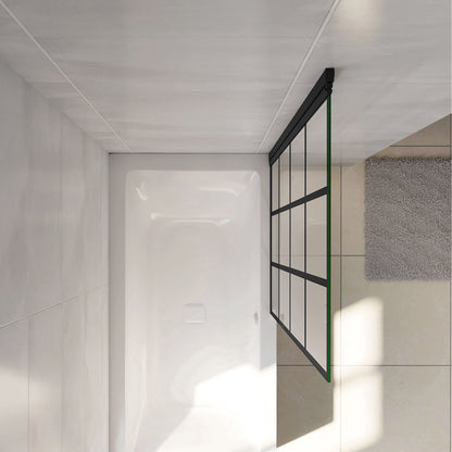 Parete Vasca Doccia 80xh.140cm Sopravasca Pannello Girevole in Vetro Temperato 6mm Trasparente con Riquadri Neri