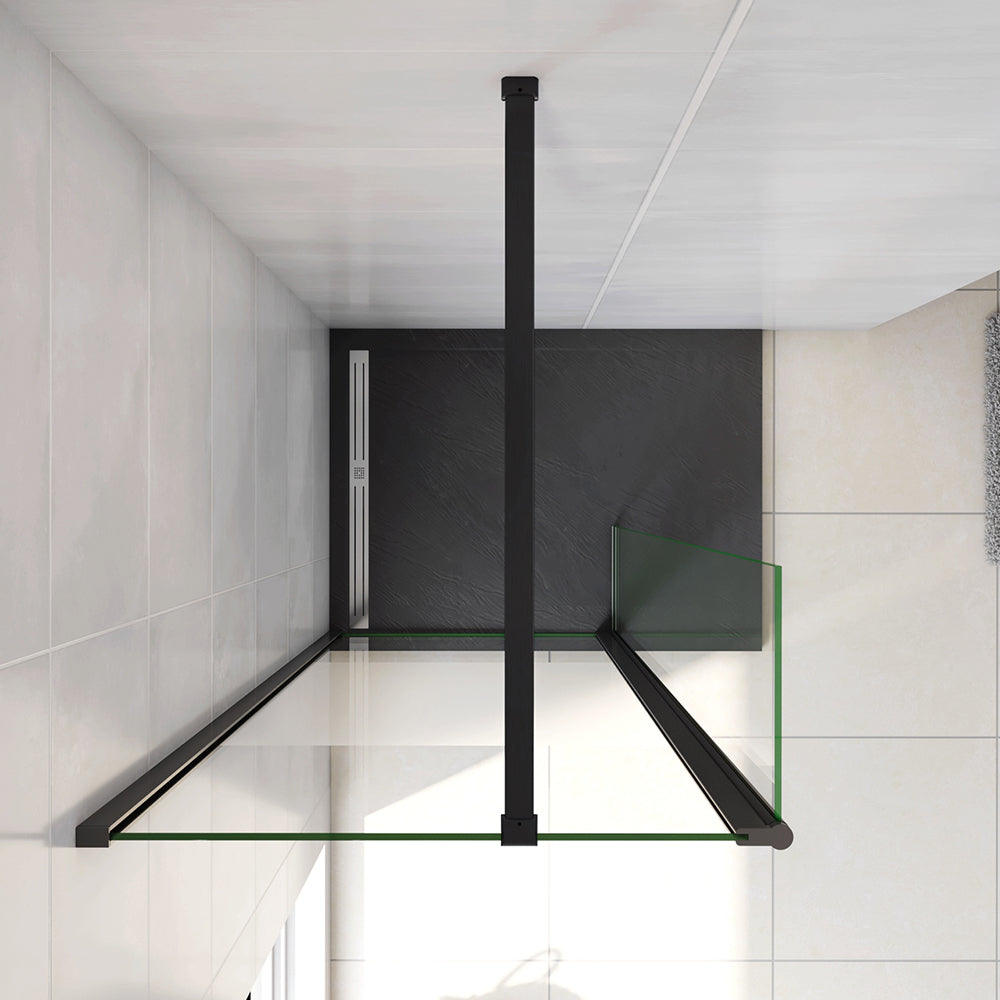 Walk in Doccia Due Pareti Vetro 8mm Temperato Anticalcare Antifrantumi Fascia Opaca Barra Stabilizzatrice 90cm Nera Opaca
