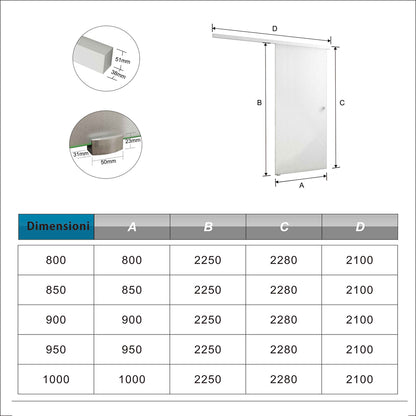 Porta Scorrevole in Vetro da 8mm Temperato Opaco con Pellicola Anti-frantumi con Binario in Alluminio Bianco Verniciato Altezza 225cm