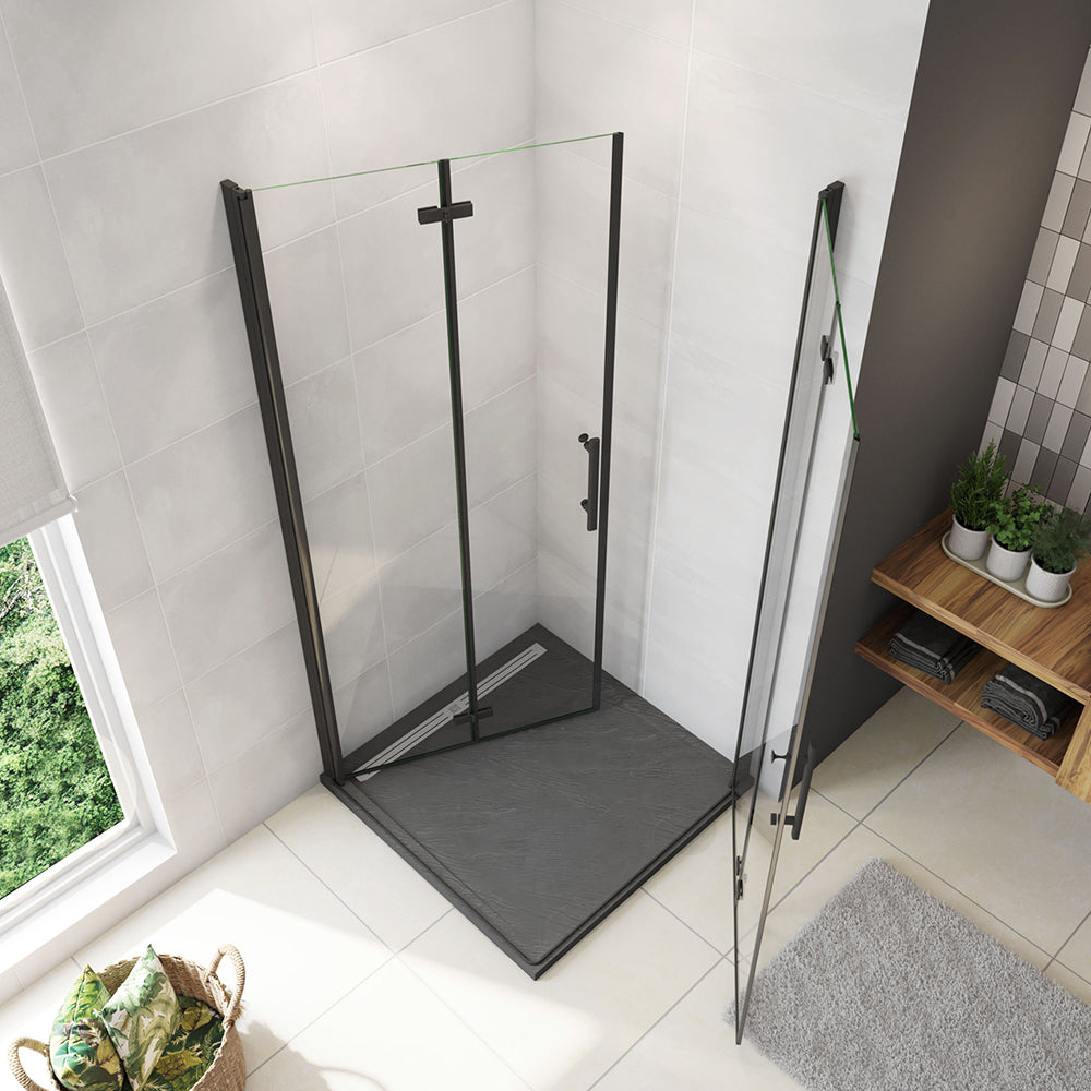 Box Doccia Angolare Porte Battente e Pieghevoli Vetro 5mm Temperato Trasparente Anticalcare Profilo Nero Opaco Piatto Doccia incluso